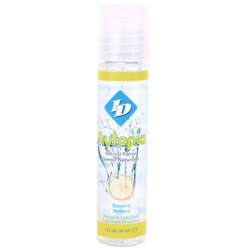 A small bottle of ID Frutopia banana flavoured personal lubricant, yellow label and cap.