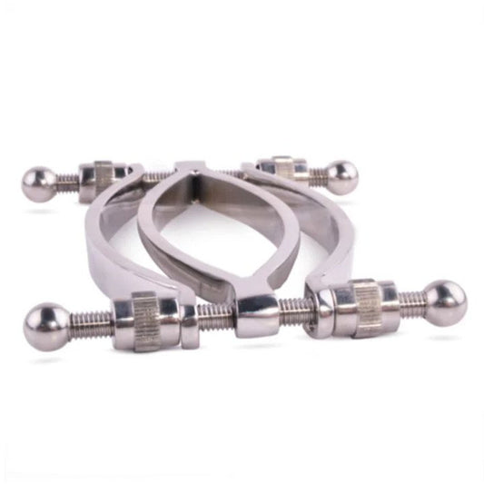shots toys stainless steel pussy clamp, a medical instrument with a polished silver finish.