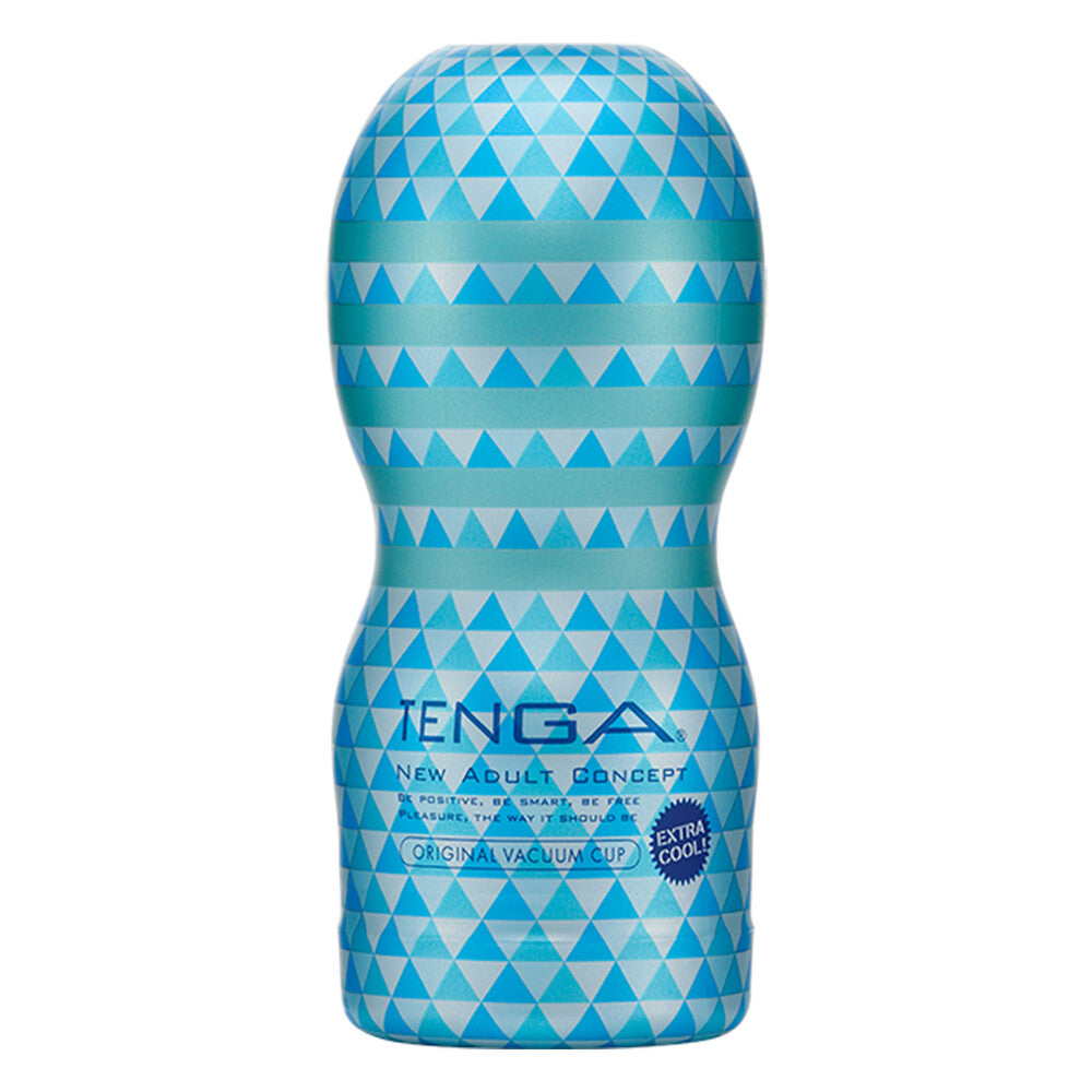 Tenga extra cool vacuum cup for men, a blue and white personal massager.