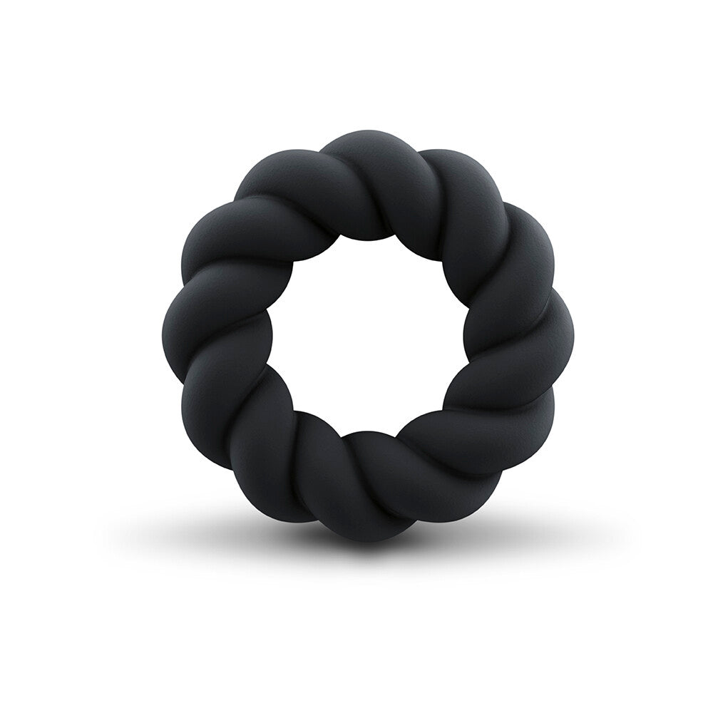 Rocks Off Twist cock ring, a black textured love ring for enhanced pleasure.