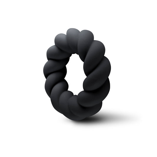 Black, flexible love ring with a distinct spiral design, ideal for enhancing pleasure.