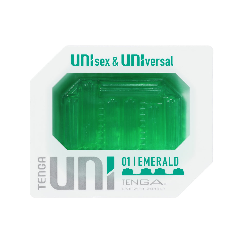 Emerald green tenga uni sleeve masturbator, offering a flexible and textured experience for solo pleasure.