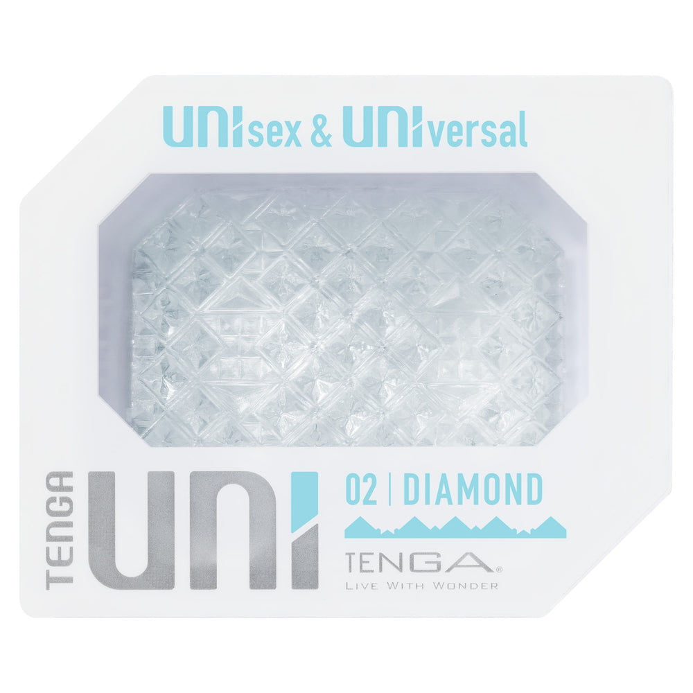 Textured tenga uni diamond sleeve masturbator for tactile pleasure, shown in its packaging.