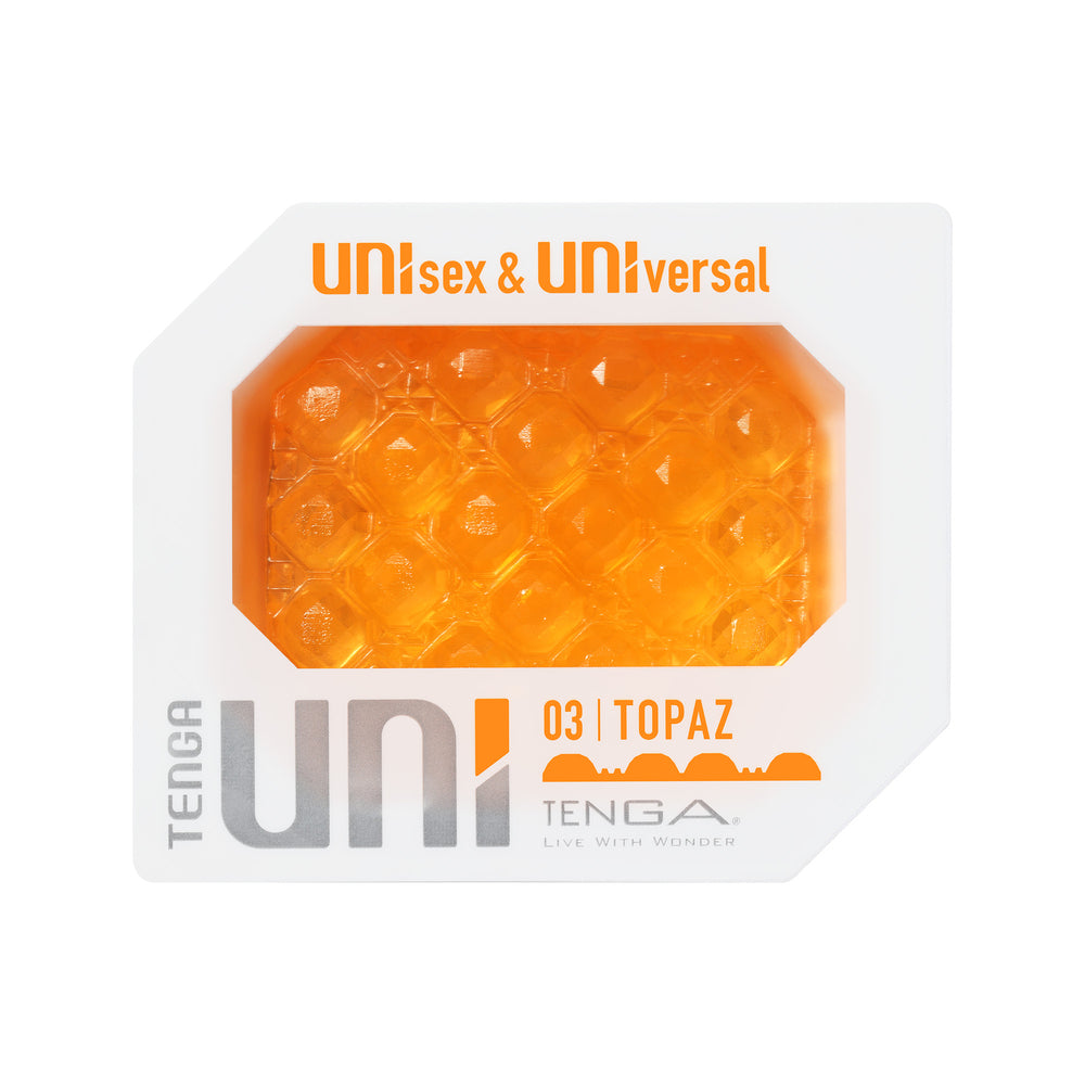Tenga uni topaz sleeve masturbator, translucent blue textured silicone for solo adult fun.