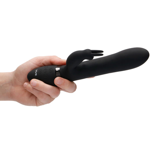 Black rabbit vibrator with textured stimulating beads for pleasurable sensations, by Shots Toys.