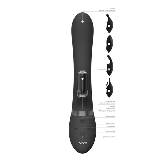 Black rabbit vibrator with dual action and interchangeable attachments, a pleasure toy.