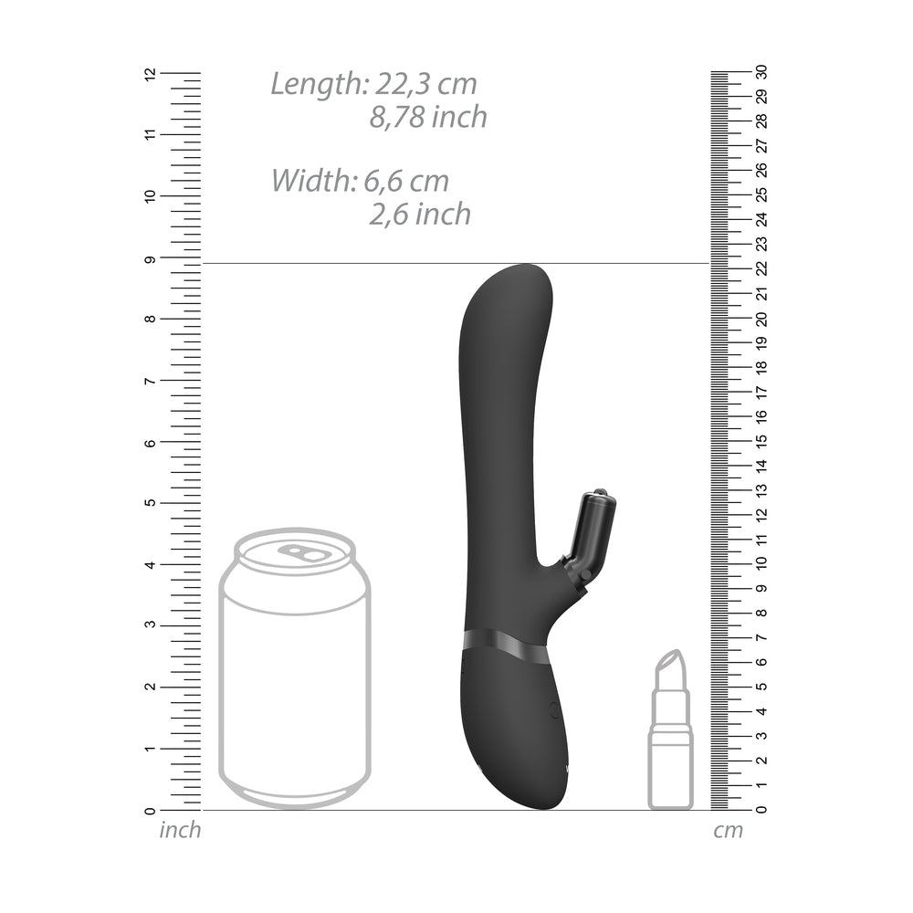 Black rabbit vibrator with interchangeable attachments for dual clitoral and vaginal stimulation