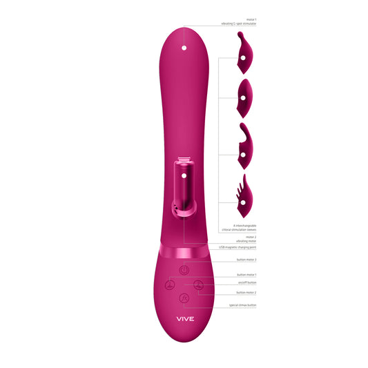 Pink double-ended rabbit vibrator with interchangeable attachments for clitoral and internal stimulation.