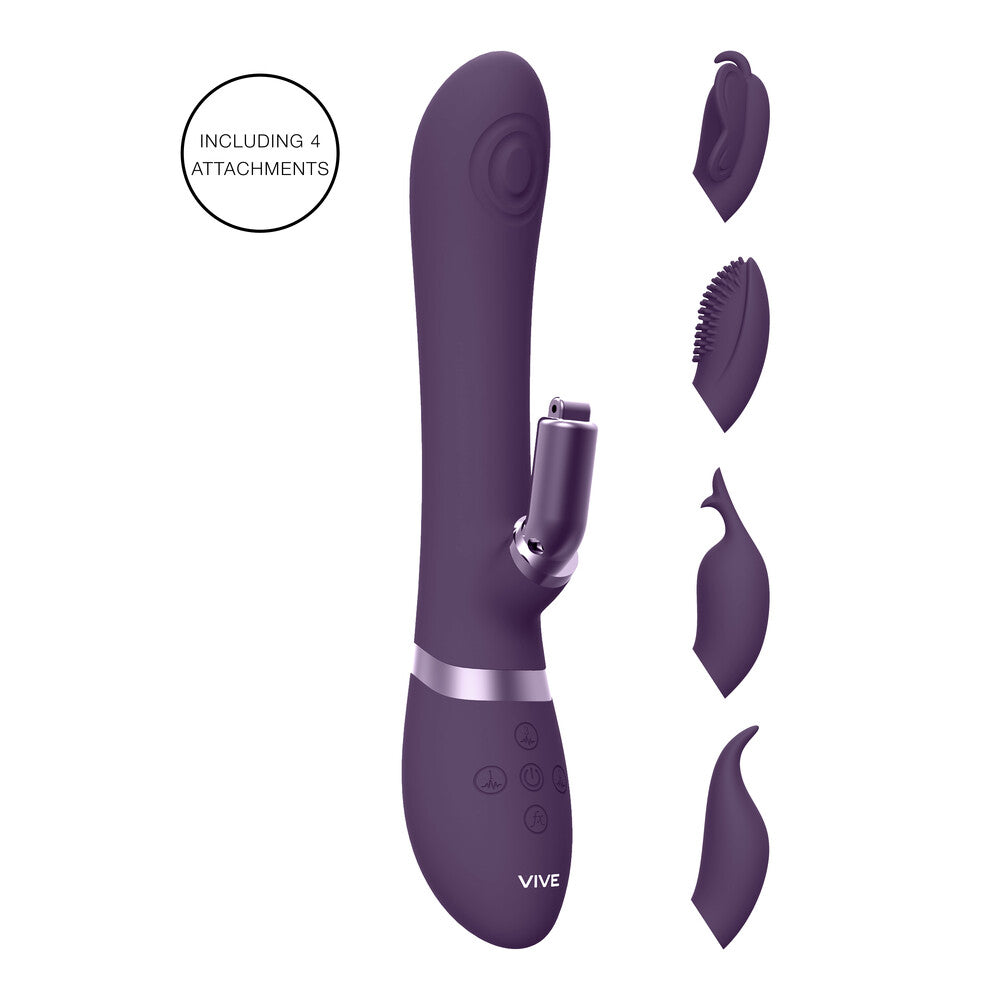Purple rabbit vibrator with interchangeable head and clitoral stimulator, designed for pleasure.