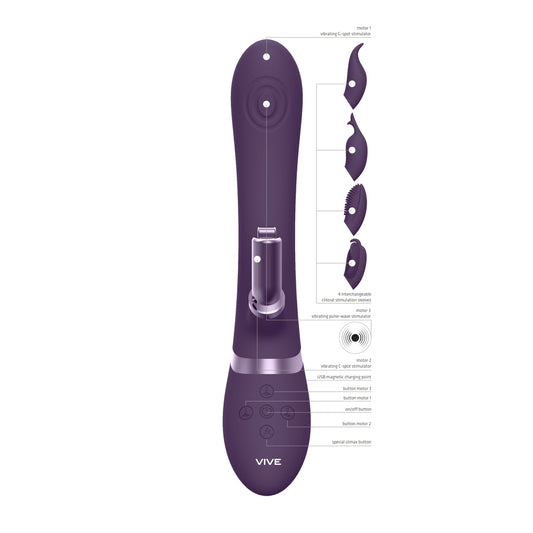 Purple rabbit vibrator with interchangeable head and clitoral stimulator by Shots Toys.