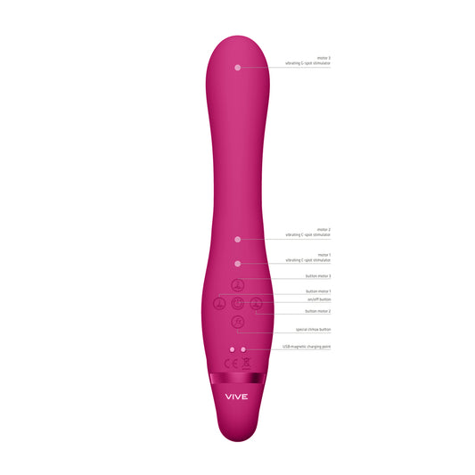 Pink, triple-action strapless strap-on vibrator from Shots Toys, designed with clitoral stimulation in mind.