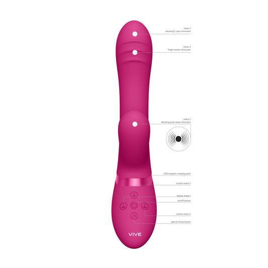 Close-up of a pink finger vibrator with pulse wave technology for clitoral stimulation.
