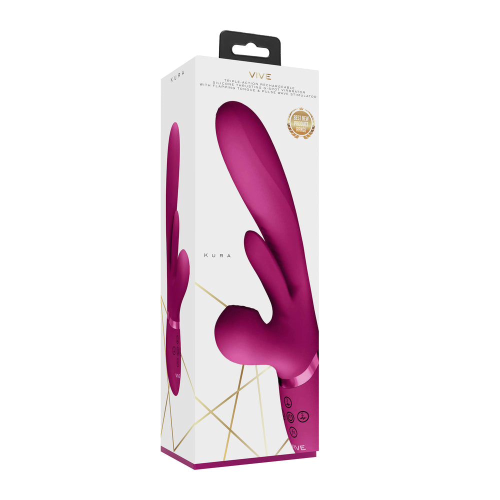 Close-up of a pink, triple-action vibrator with clitoral stimulators, a sensual pleasure device