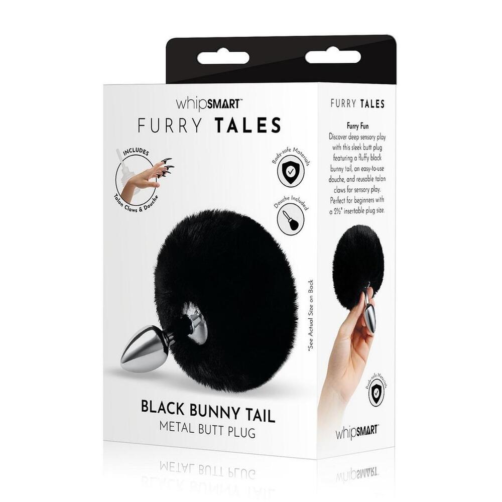 Whipsmart black bunny tail butt plug, fluffy rabbit tail attachment, dark metal base