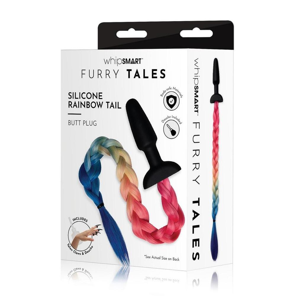 Whipsmart furry tales rainbow tail butt plug, vibrantly coloured faux fur, novelty use.