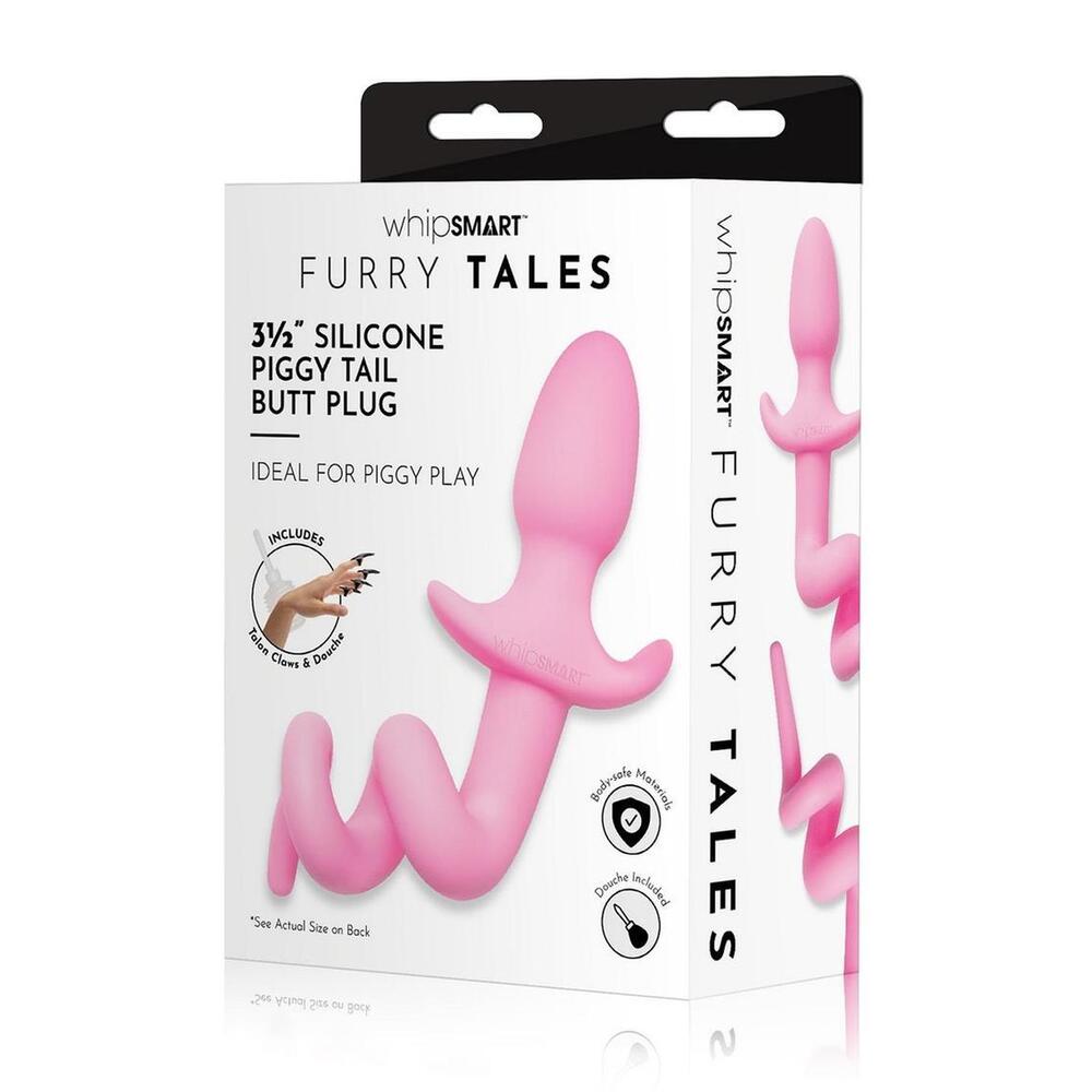 Whipsmart furry tales piggy tail butt plug, pink silicone with a curly pig tail.