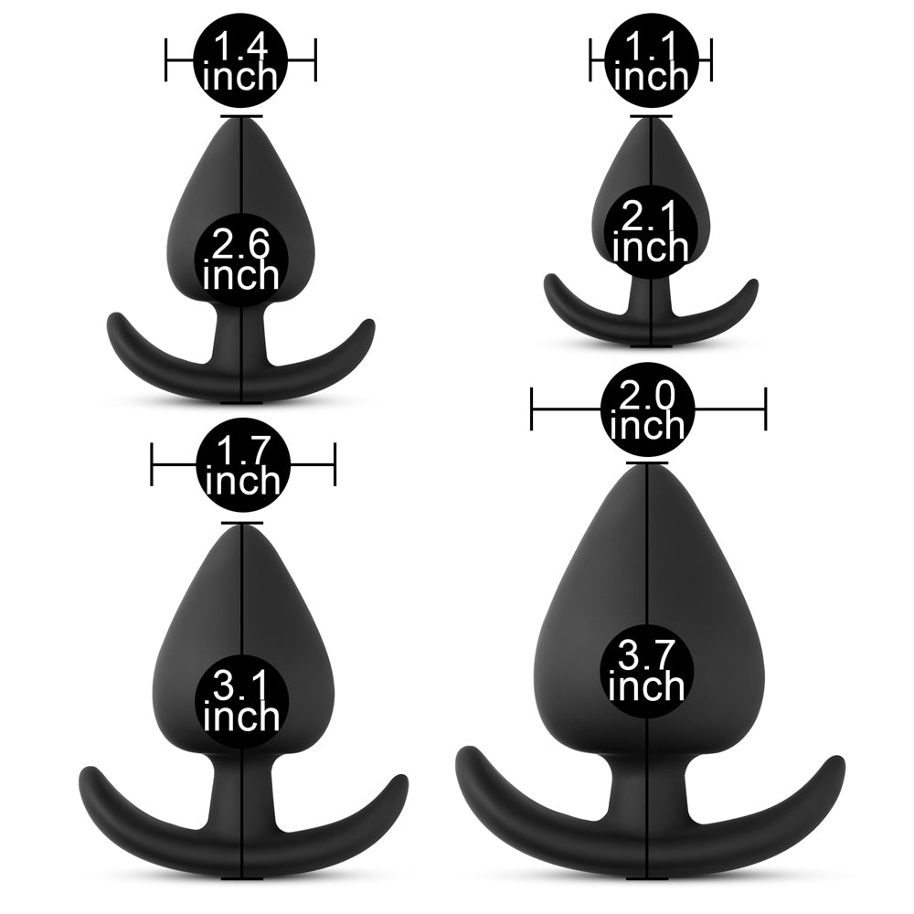 Set of three differently sized small butt plugs in graduated sizes, polished finish.