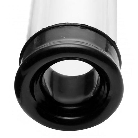 Size Matters beginner penis pump, clear plastic cylinder with a black rubber handle.