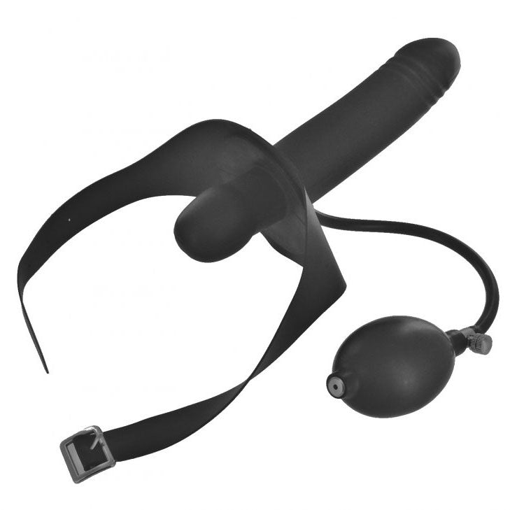 A black inflatable gag with a purple dildo attachment, part of the master series.