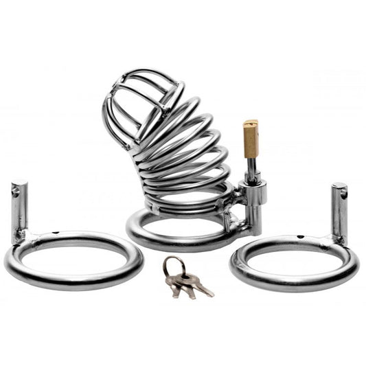 master series bastille penile confinement cage in silver-tone metal for male chastity use