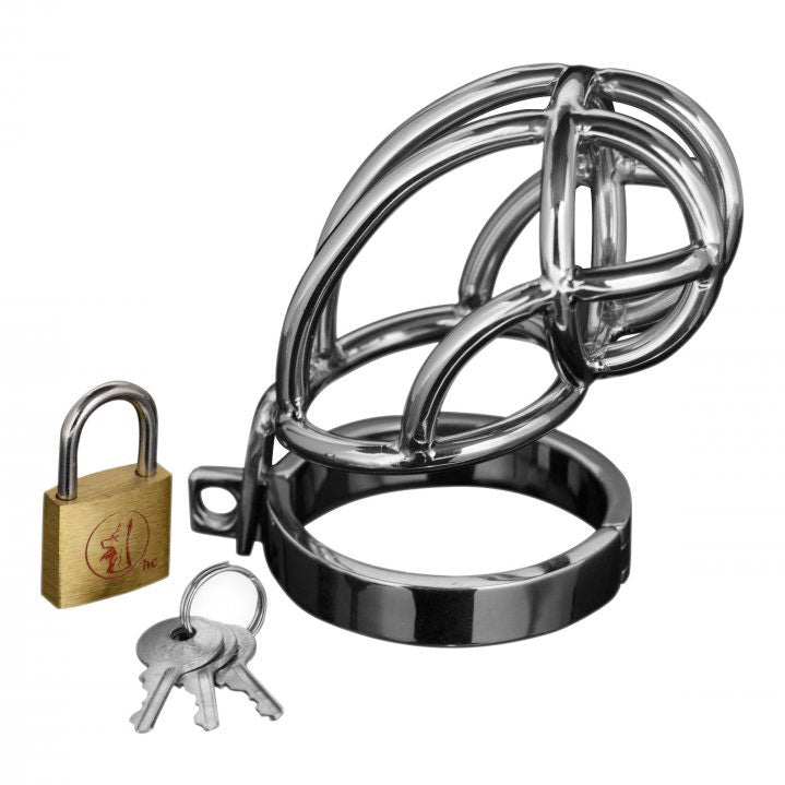 master series captus stainless steel male chastity cage with locking mechanism, a polished silver finish.