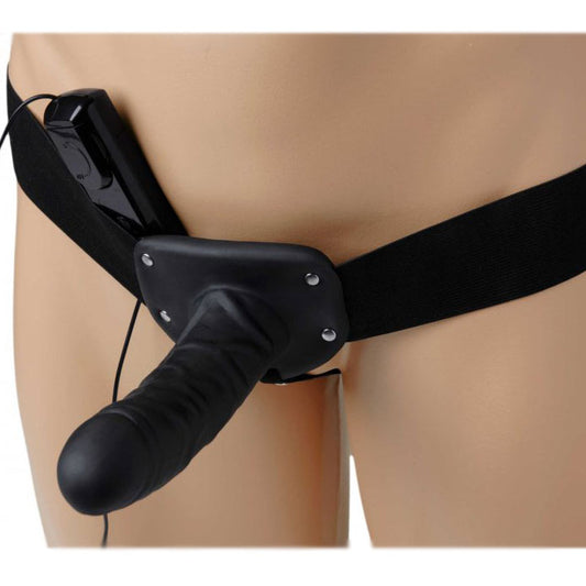 deluxe vibrating hollow silicone strap on in black, a sex toy from size matters.