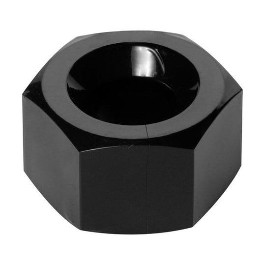 master series heavy duty black metal cock ring and ball stretcher with hex design.