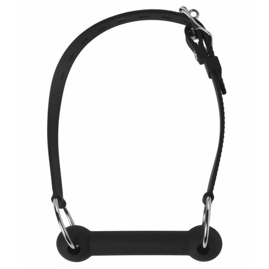 Black, lockable silicone horse bit gag from Master Series, a kinky bdsm accessory.