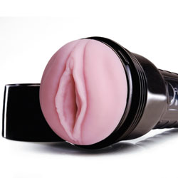 Fleshlight Vibro Pink Lady masturbator in pink, showing a textured entry point for pleasure.
