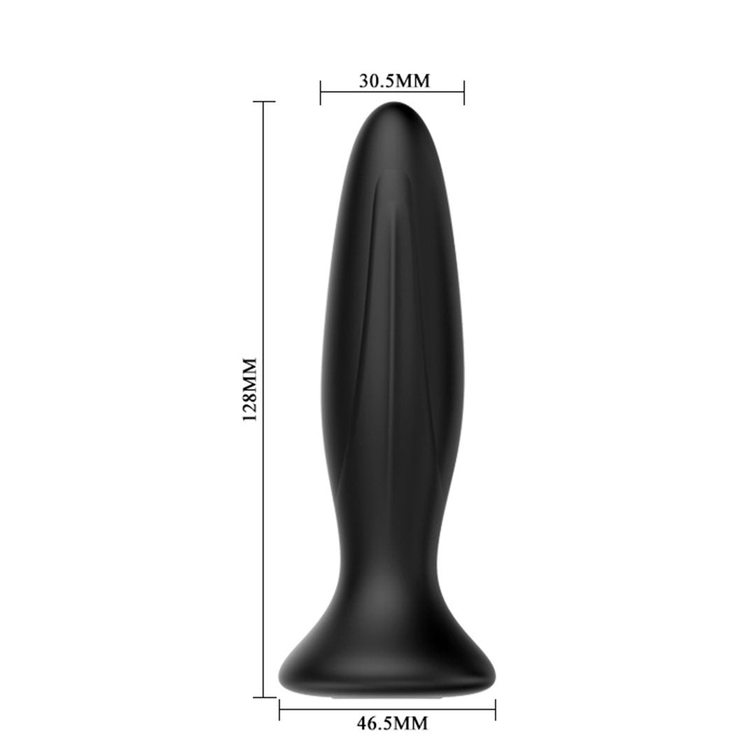 A shiny silver vibrating anal plug from various toy brands, ribbed for extra pleasure.