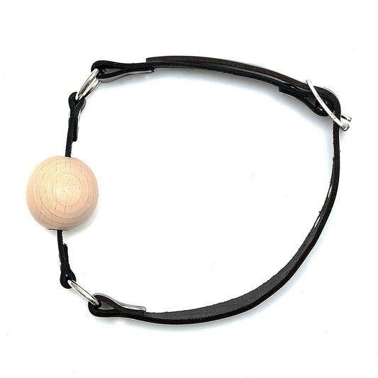 rimba leather gag with a smooth wooden ball, part of our gags and bits range.