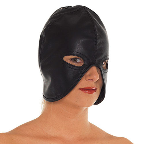 rimba leather head mask, black bondage hood with eye and mouth openings