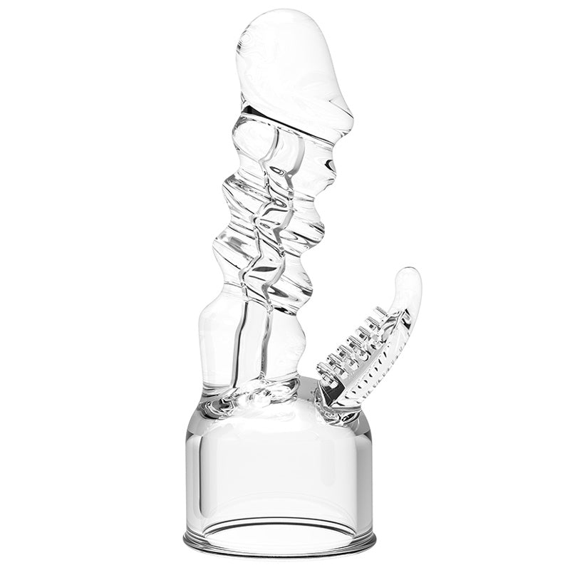 Close-up of a super dong wand attachment, looks plastic and ready for pleasure.