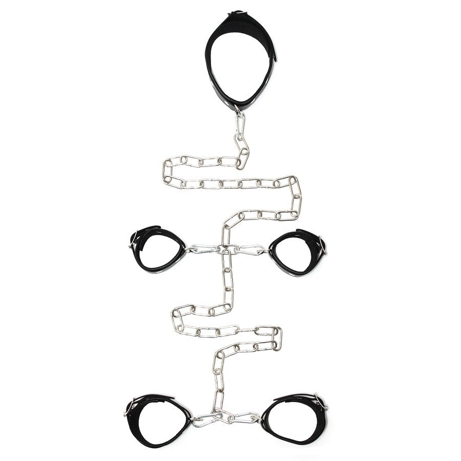 rimba leather hand and foot cuffs, black restraints for playful bondage use.