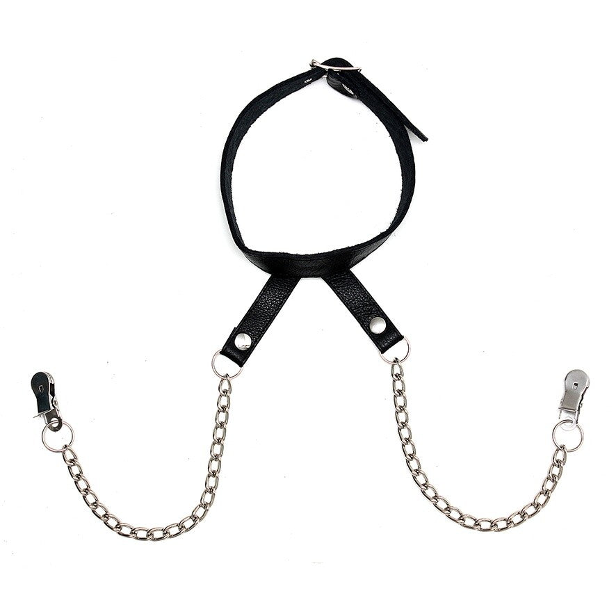 Rimba nipple clamps with neck collar, metal hardware, for erotic play and sensual exploration.