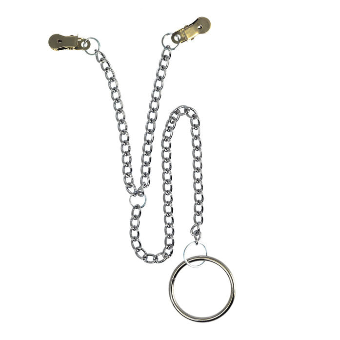 rimba nipple clamps with scrotum ring, polished metal and rubber, for pleasure.