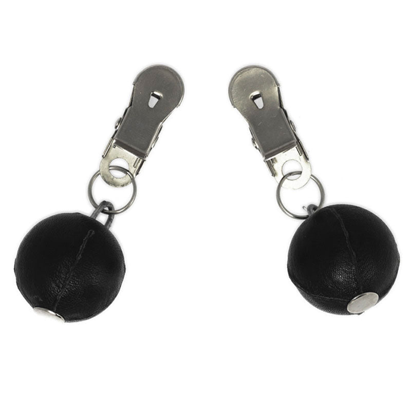 rimba nipple clamps with round black weights, a stimulating bdsm accessory for pleasure.