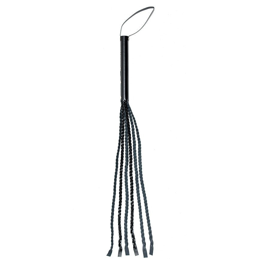 Rimba leather whip, 25.5 inches long, showing the plaited construction and handle detail.
