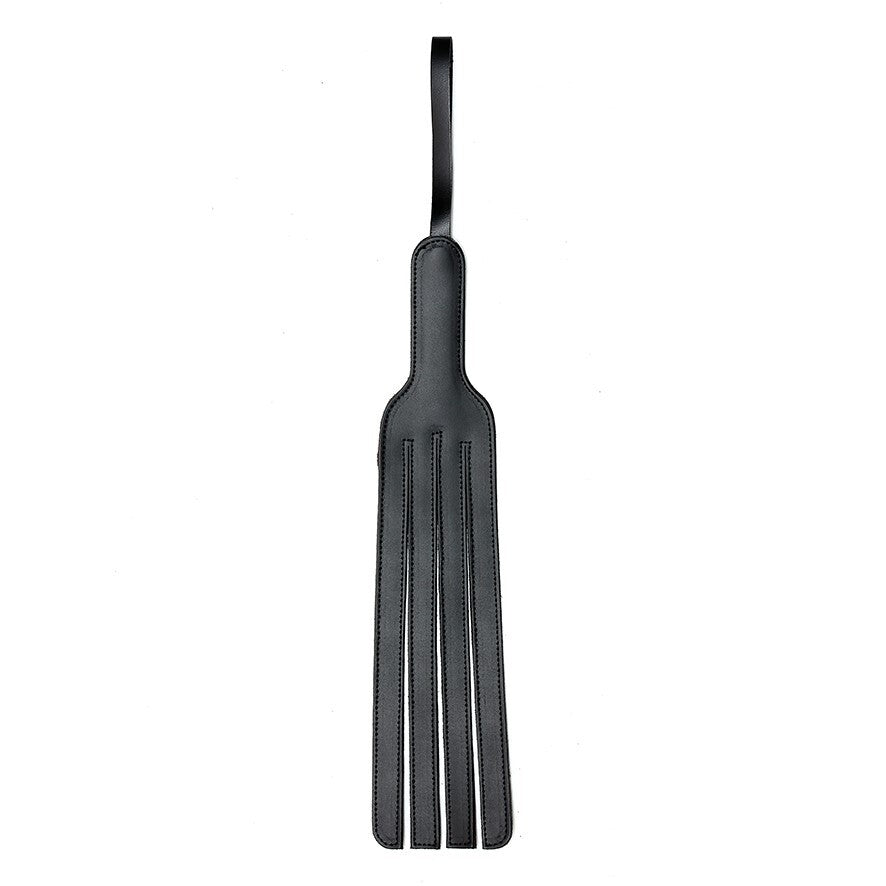 rimba leather forked paddle, tan hide, detail of the hand-stitched finish and tactile design.