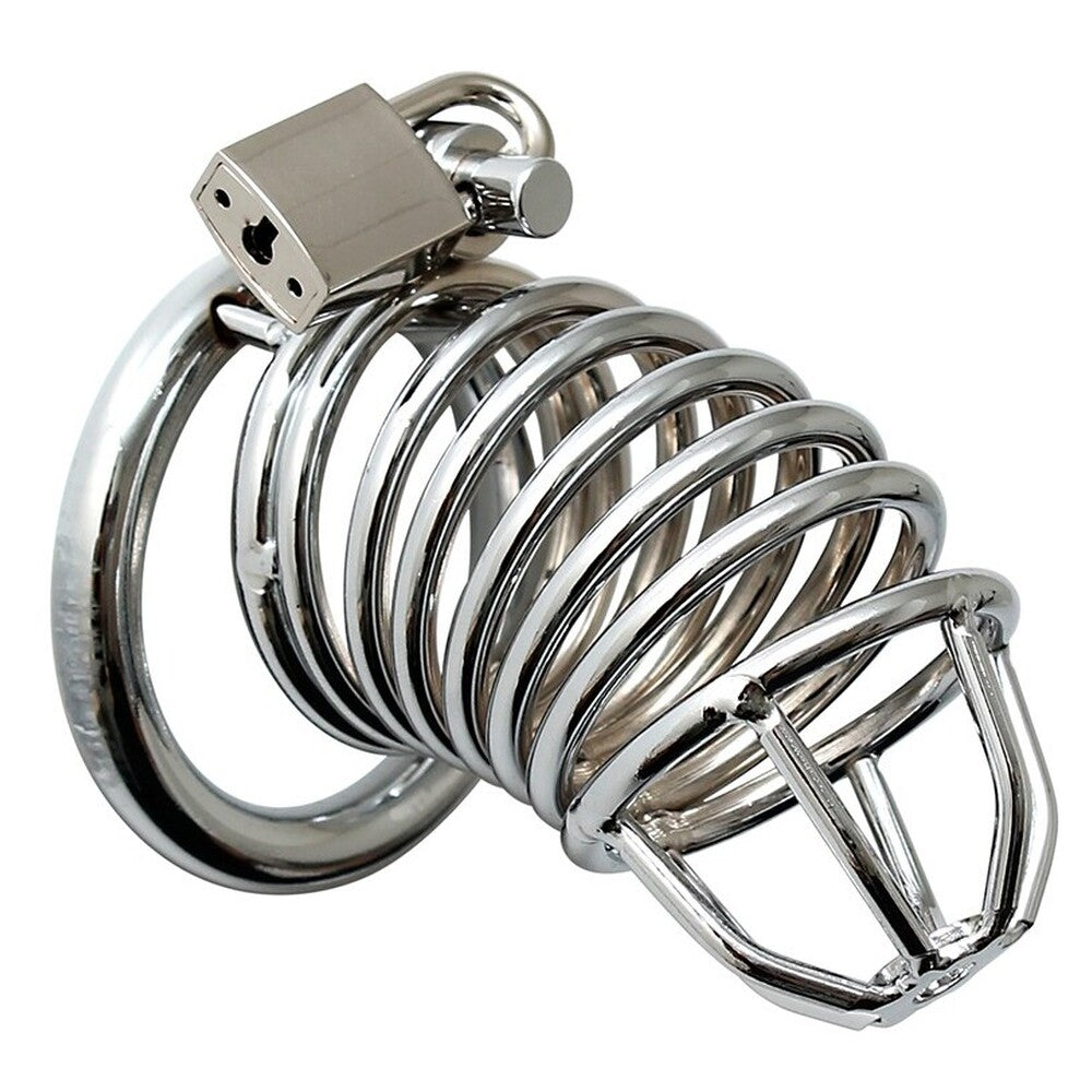 Chrome-finish metal cock cage for male chastity from Rimba, a comfortable and secure design.