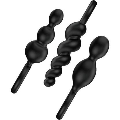 Set of three black anal plugs from Satisfyer Pro, varying in size and shape