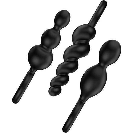 Set of three black anal plugs from Satisfyer Pro, varying in size and shape