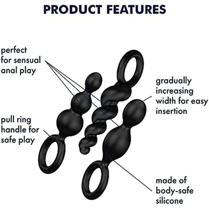 Set of three black anal plugs, part of the Satisfyer Booty Call range.