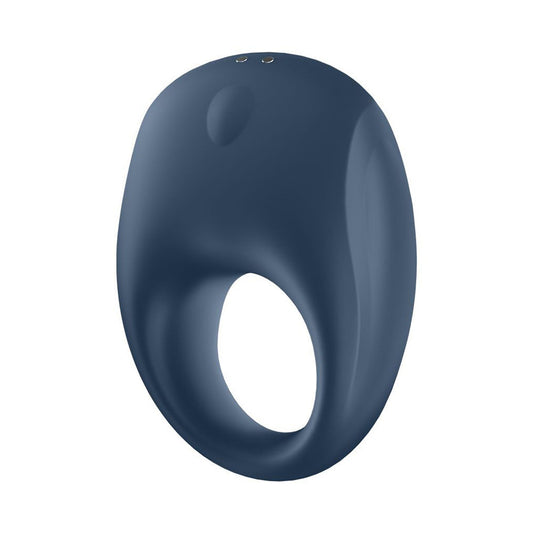 A blue Satisfyer Pro 'Strong One' cock ring with textured detailing for enhanced pleasure.