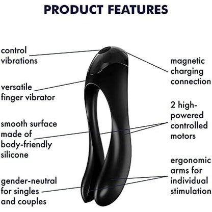 Satisfyer Candy Cane vibrator in black, a finger toy for targeted pleasure, textured finish.