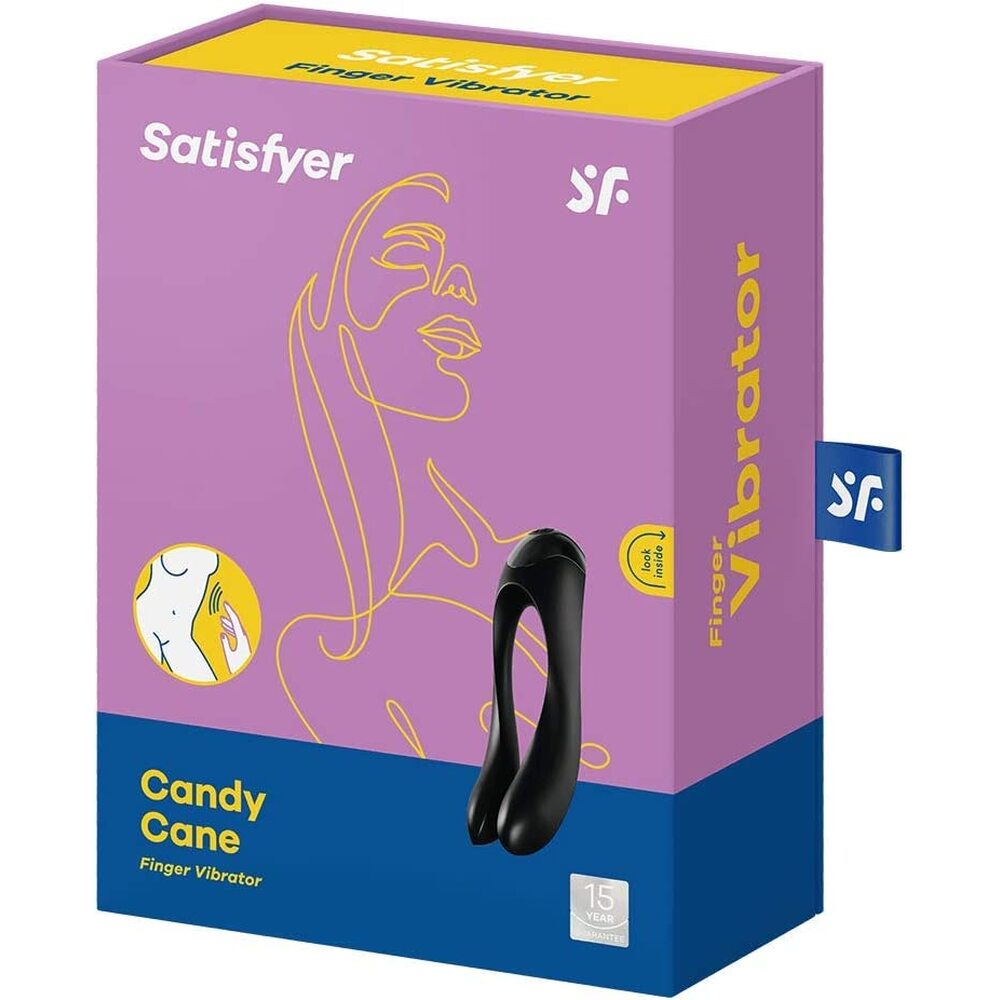 Black Satisfyer Candy Cane finger vibrator, a sleek pleasure toy for intimate exploration.