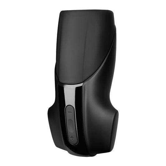 Satisfyer Pro vibrating masturbator, dark grey with ribbed texture, designed for a blow job sensation.