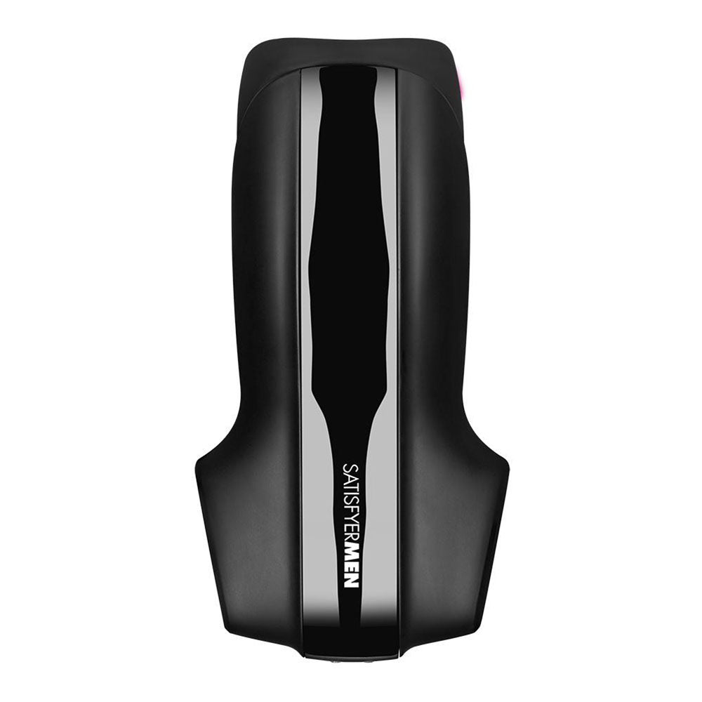 Satisfyer Pro vibrating masturbator for men, dark grey with ribbed detailing, for solo pleasure.
