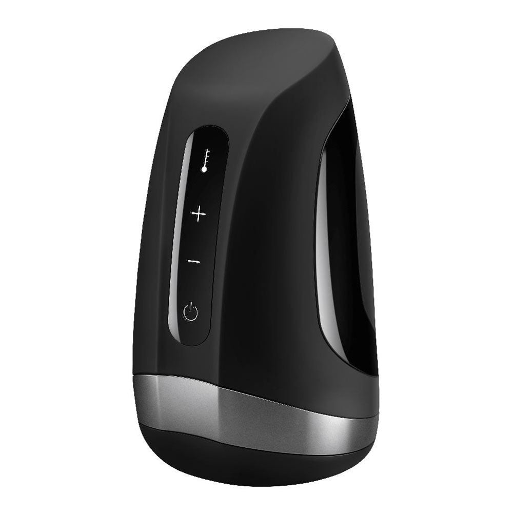The Satisfyer Men Heat And Vibration Masturbator, a dark grey pleasure device for gentlemen.