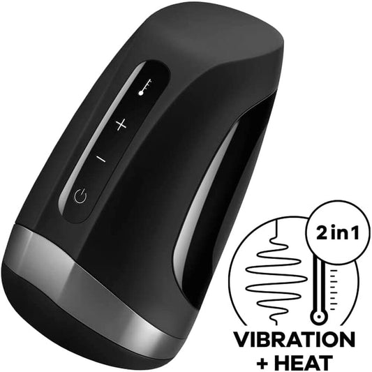 Satisfyer Pro masturbator with heat and vibration for men, flesh-toned silicone finish.